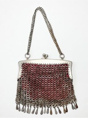 Antique Art Deco Ring Mesh Purse Flapper Kiss Lock Silver Fringe Bag